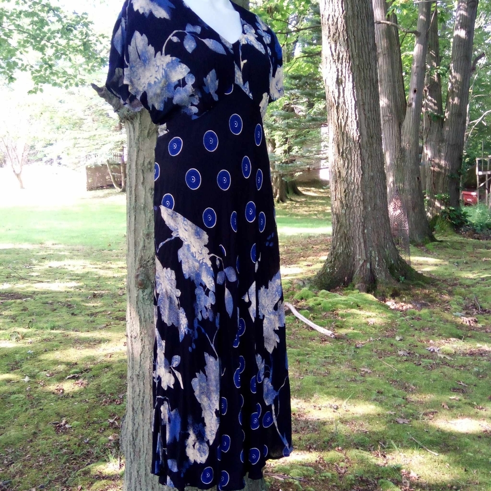 🖤 SO Good: Vintage 90s Floral Indigo Mexican Flowy Dress in vtg 14 - Picture 7 of 9